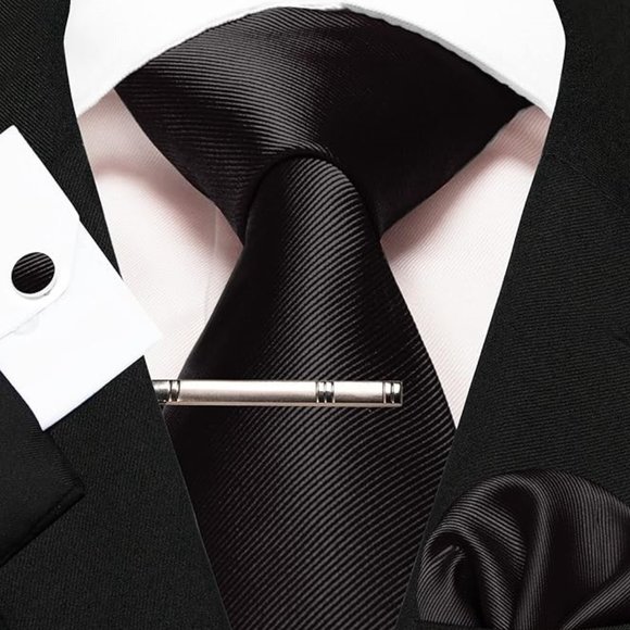 Mens 5 Piece Tie + Bow Tie + Pocket Square + Cufflinks + Clip Black - Picture 4 of 5